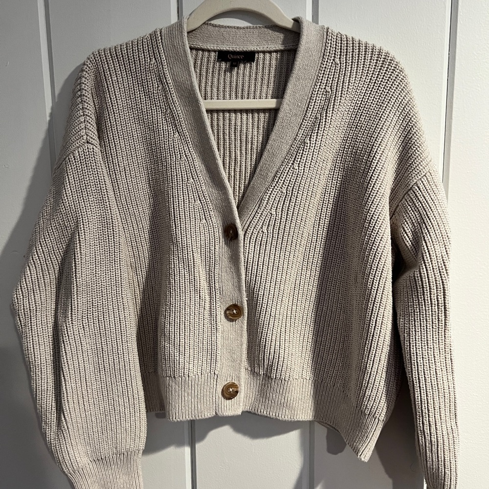 Quince Beige Button-Up Cardigan cropped style